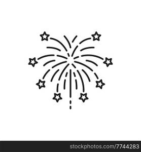 Fireworks decorative element in amusement park isolated outline icon. Vector carnival festive sparkles in sky, New Year and Christmas holiday decoration. Salute starburst at skyline, night show. Salute starburst fireworks stars in amusement park