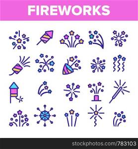 Fireworks, Firecrackers Thin Line Icons Vector Set. Pyrotechnics, Fireworks Linear Illustrations. New Year, Birthday, Anniversary Party Firecrackers, Rockets Contour Symbols. Isolated Outline Cliparts. Fireworks, Firecrackers Thin Line Icons Vector Set