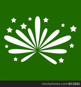 Fireworks icon white isolated on green background. Vector illustration. Fireworks icon green