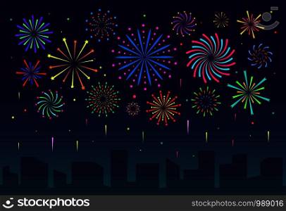 Fireworks in city. Festive christmas salute over night cityscape. New year and xmas holiday skyline with firecracker vector panorama view concept. Fireworks in city. Festive christmas salute over night cityscape. New year and xmas holiday skyline with firecracker vector concept