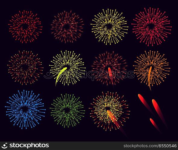 Fireworks on blue background. Burst of salute elements vector illustration. Poster in flat style for celebration holidays and parties. Greeting card design in New Year and Christmas concept.. Fireworks on Blue Background. Burst of Salute