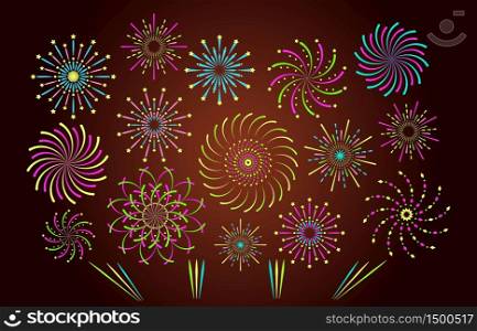 Fireworks or pyrotechnics on dark brown background. Colorful spiral firecracker with sparkles, stars in night sky. Trendy flat vector for banner, flyer, website.. Fireworks or pyrotechnics on dark brown background. Colorful spiral firecracker with sparkles
