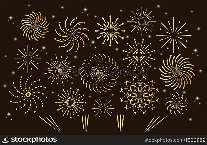 Fireworks or pyrotechnics on dark brown background. Golden spiral firecracker with sparkles, stars in night sky. Trendy flat vector for banner, flyer, website.. Fireworks or pyrotechnics on dark brown background. Golden spiral firecracker with sparkles, stars in night sky.