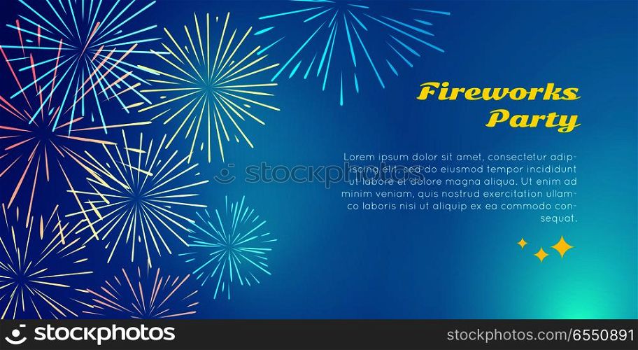 Fireworks party with colorful fireworks explosion in corner of happy holidays postcard. Greeting New Year invitation banner card with pyrotechnical elements. Vector salute poster template. Fireworks Party Color Fireworks Explosion Elements