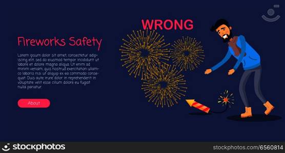 Fireworks safety, man is leaning to dangerous burning New Year rocket on ground on blue background. Vector illustration of cartoon man not knowing precautions and risking his life. Web banner.. Fireworks Safety, Man Wrong Using Rocket on Ground