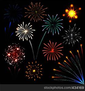 Fireworks set colorful explosions lights. Realistic illustration of 10 fireworks colorful explosions lights for web. Fireworks set colorful explosions, realistic style