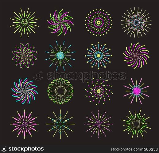 Fireworks set on black background. Colorful spiral firecracker icons with sparkles, stars. Trendy pyrotechnics flat vector for banner, flyer, website.. Fireworks set on black background. Colorful spiral firecracker icons with sparkles, stars.