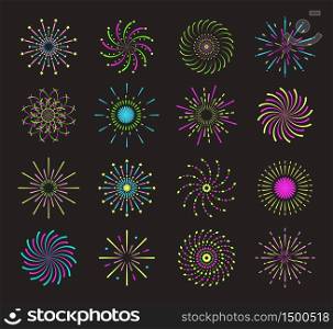Fireworks set on black background. Colorful spiral firecracker icons with sparkles, stars. Trendy pyrotechnics flat vector for banner, flyer, website.. Fireworks set on black background. Colorful spiral firecracker icons with sparkles, stars.