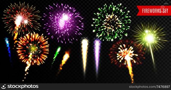 Fireworks transparent set with festival and celebration symbols isolated vector illustration