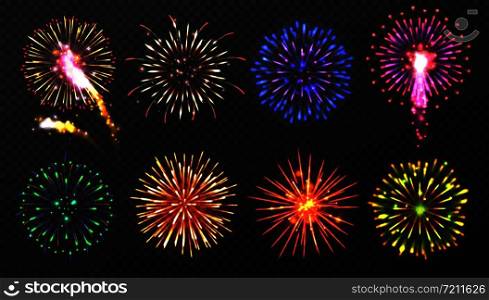 Fireworks. Various multicolored firework explosions with shining sparks. Christmas pyrotechnic show elements. Realistic vector beautiful sky flame splash firecracker set. Fireworks. Various multicolored firework explosions with shining sparks. Christmas pyrotechnic show elements. Realistic vector set
