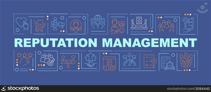 Firm reputation management word concepts blue banner. PR strategy. Infographics with icons on color background. Isolated typography. Vector illustration with text. Arial-Black font used. Firm reputation management word concepts blue banner