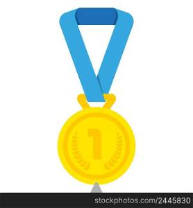 First 1st place gold medal with number 1 and blue ribbon. Vector illustration.