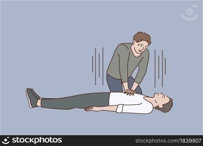 First aid and heart massage concept. Young stressed man sitting on knees making heart massage to lying on ground man vector illustration . First aid and heart massage concept