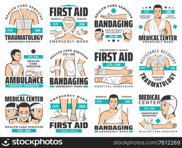 First aid and wound bandaging vector icons. Accident injury emergency ward and trauma ambulance service. Traumatology first aid medical center, arm and leg head and shoulder fracture symbols. First aid emergency ward, trauma ambulance