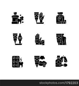 First aid bag black glyph icons set on white space. Oral rinse. Burn treatment. Migraine medication. Wound dressing. Anti-inflammatory drugs. Silhouette symbols. Vector isolated illustration. First aid bag black glyph icons set on white space