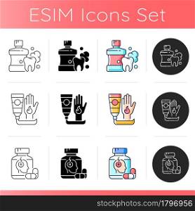 First aid bag icons set. Mouthwash for teeth health. Burn treatment. Acute migraine medication. Pain reliever. Antibacterial cream. Linear, black and RGB color styles. Isolated vector illustrations. First aid bag icons set