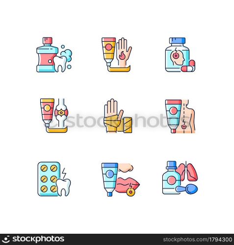 First aid bag RGB color icons set. Oral rinse. Burn treatment. Migraine medication. Wound dressing. Anti-inflammatory drugs. Isolated vector illustrations. Simple filled line drawings collection. First aid bag RGB color icons set