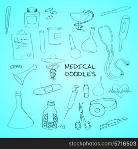 First aid bandage kit medical drugs pills syringe outline pictograms collection abstract outline doodle sketch vector illustration