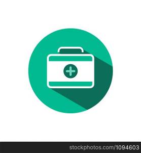 First aid case icon with shadow on a green circle. Flat color vector pharmacy illustration