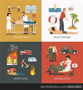 First Aid Concept 4 Flat Icons. First air assistance for drowning and fire victims rescue on spot 4 flat icons square isolated vector illustration