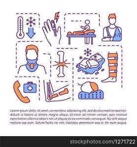 First aid concept icon with text. Bone fracture treatment recommendations, injury therapy PPT page vector template. Brochure, magazine, booklet design element with linear illustrations