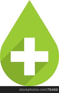 First aid drop green sign with cross and flat long shadow style. Vector illustration a graphic element for design