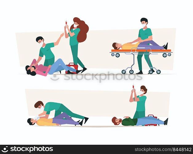 First aid. Emergency help different stages doctors helping people life protection garish vector colored flat people. Illustration of emergency help and aid. First aid. Emergency help different stages doctors helping people life protection garish vector colored flat people