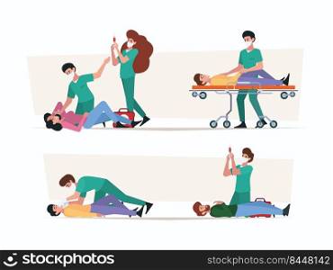 First aid. Emergency help different stages doctors helping people life protection garish vector colored flat people. Illustration of emergency help and aid. First aid. Emergency help different stages doctors helping people life protection garish vector colored flat people