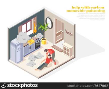 First aid for carbon monoxide poisoning isometric composition with husband treating fainted wife in kitchen vector illustration
