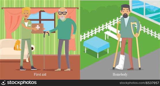 First Aid for Oldsters. Man walk with Broken Leg. First aid of medical workers for oldsters. Young doctor with medicine chest helps man. Man walks with broken leg in park. Health care, medical care concept. Vector illustration poster for hospitals websites