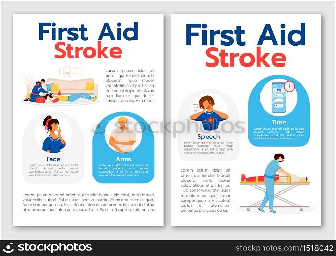 First aid for stroke flat vector brochure template. Emergency medical help. Flyer, booklet, printable leaflet design. Magazine page, cartoon annual reports, infographic posters with text space