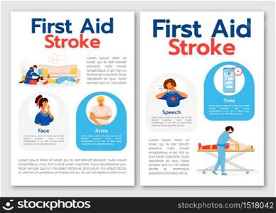 First aid for stroke flat vector brochure template. Emergency medical help. Flyer, booklet, printable leaflet design. Magazine page, cartoon annual reports, infographic posters with text space