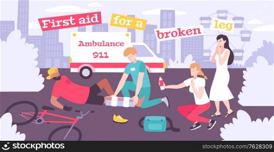 First aid fracture flat composition with outdoor scenery editable text ambulance and person with broken leg vector illustration