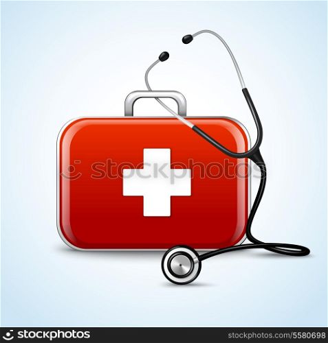 First aid healthcare concept with medical box and stethoscope vector illustration