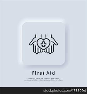 First aid icon. Hands holding heart with cross. Medical pharmacy logo. Vector. Neumorphic UI UX white user interface web button. Neumorphism