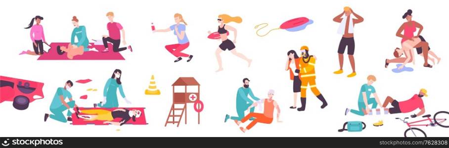 First aid icon set with flat human characters of lifeguards fire fighters and doctors helping people vector illustration