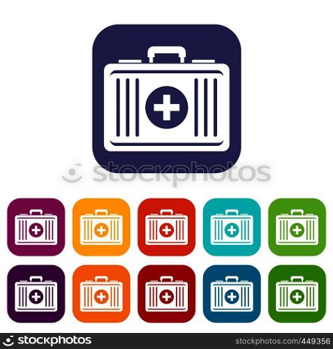 First aid icons set vector illustration in flat style In colors red, blue, green and other. First aid icons set flat