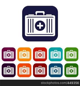 First aid icons set vector illustration in flat style In colors red, blue, green and other. First aid icons set flat