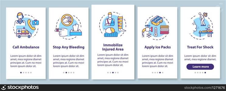 First aid, injury treatment recommendations onboarding mobile app page screen with concepts. Therapy methods walkthrough 5 steps graphic instructions. UI vector template with RGB color illustrations
