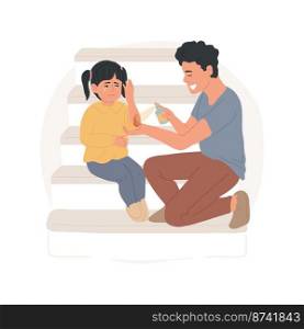 First aid isolated cartoon vector illustration. An adult treats childs wound, puts bandage on an abrasion, scratched elbows, family first aid, taking care of injured toddler vector cartoon.. First aid isolated cartoon vector illustration.