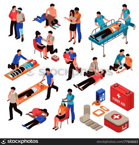 First aid isometric set with people during help victim persons, emergency care kit isolated vector illustration. First Aid Isometric Set