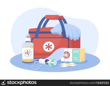 First aid kit 2D vector isolated illustration. Paramedic bag. Doctor supplies. Medical help equipment flat composition on cartoon background. Emergency situation assistance tools colourful scene. First aid kit 2D vector isolated illustration