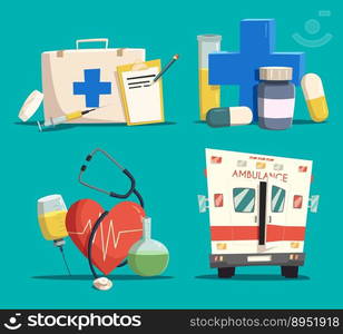 First aid kit and cross emergency bus and heart vector image