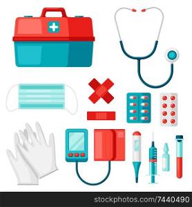 First aid kit equipment. Medical instruments for emergency assistance.. First aid kit equipment.