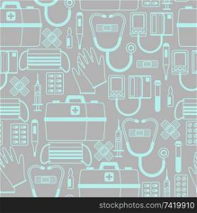 First aid kit equipment. seamless pattern. Medical instruments for emergency assistance.. First aid kit equipment seamless pattern.