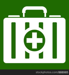 First aid kit icon white isolated on green background. Vector illustration. First aid kit icon green