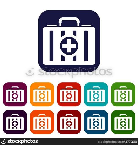 First aid kit icons set vector illustration in flat style in colors red, blue, green, and other. First aid kit icons set
