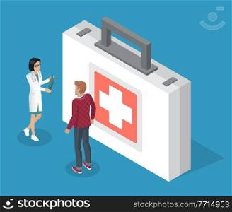 First aid kit isolated. Medical icon, cartoon vector style, suitcase with medical equipment. Doctor woman talking with patient man. Healthcare treatment. Container for medical tools, equipment. First aid kit, suitcase with medical equipment, doctor woman talking with patient man, isometric