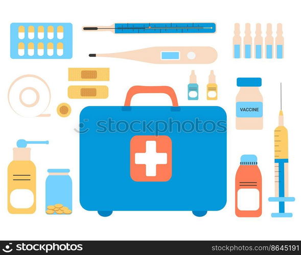 First aid kit isolated on white background. The concept of health, care and medical diagnosis. Flat design. Vector illustration. White background. First aid kit isolated on white background. The concept of health, care and medical diagnosis. Flat design. Vector illustration.