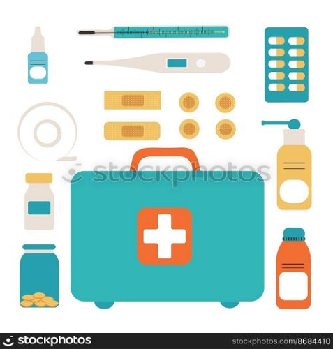 First aid kit isolated on white background. The concept of health, care and medical diagnosis. Flat design. Vector illustration. White background. First aid kit isolated on white background. The concept of health, care and medical diagnosis. Flat design. Vector illustration.